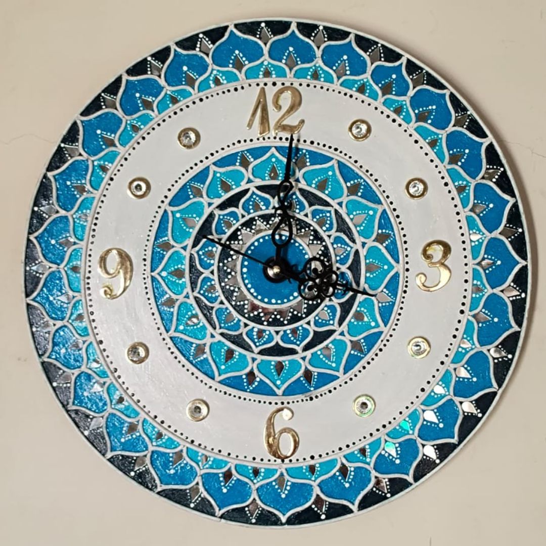 Hand-Painted Blue lippan Wall Clock with Mirror Detailing
