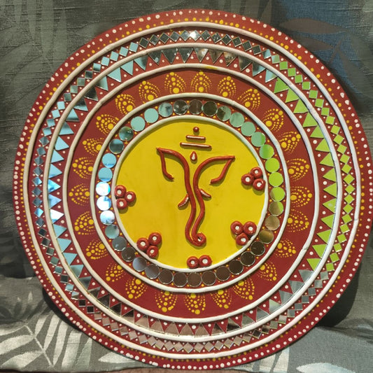Ganesh Symbol Lippan Art Plate in Festive Colors