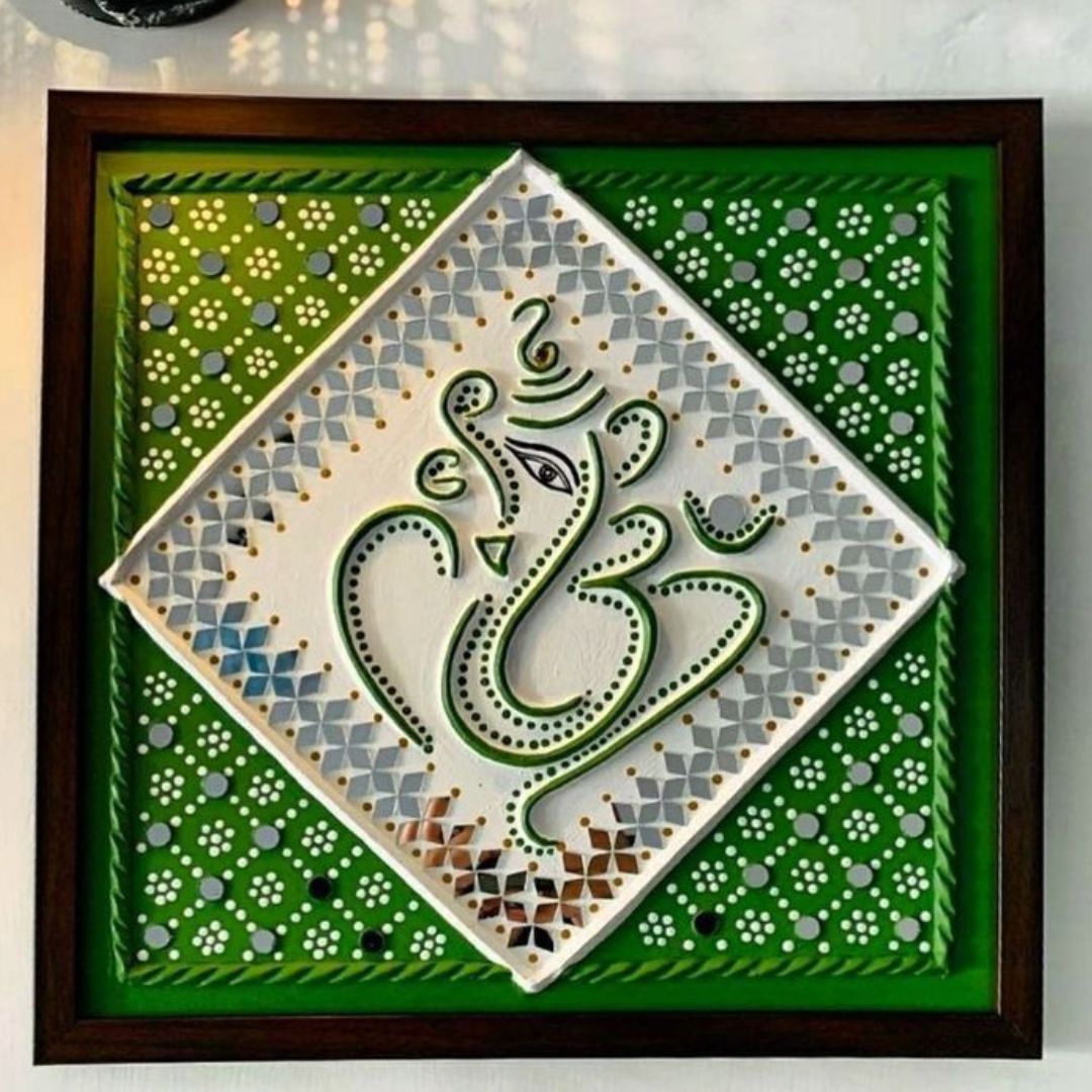 Green Framed Ganesha Lippan Art Panel