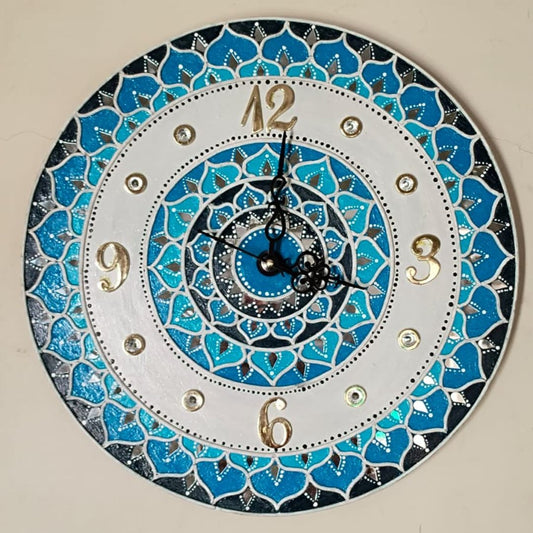 Hand-Painted Blue lippan Wall Clock with Mirror Detailing