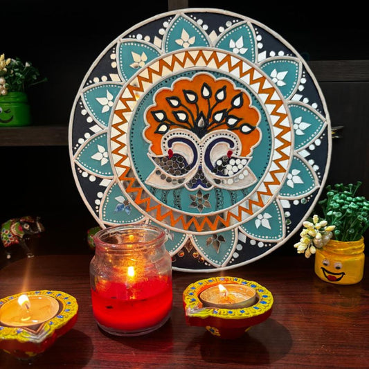 Teal and Orange Dual Peacock Lippan Art Plate